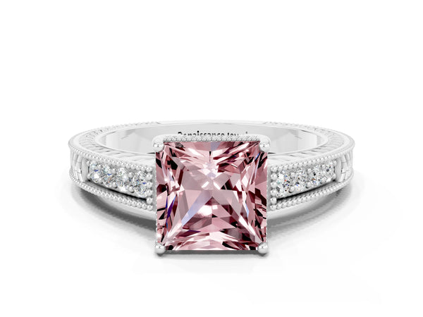 White gold Princess Cut Morganite Engagement Ring with Milgrain Channel Set Band and Prong Setting