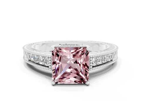 White gold Princess Cut Morganite Engagement Ring with Milgrain Channel Set Band and Prong Setting