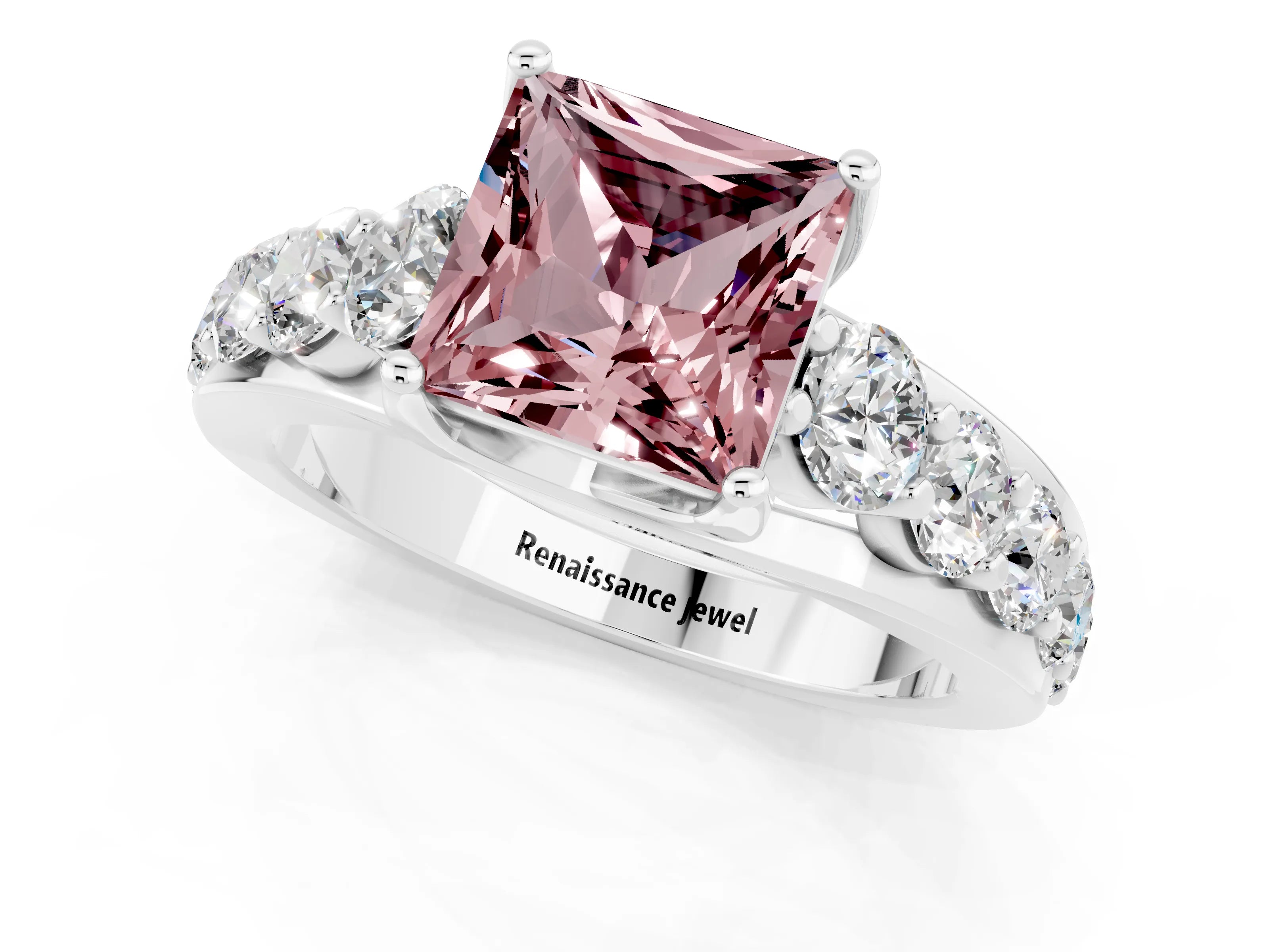 White gold Princess Cut Morganite Engagement Ring with Pavé Band and Four-Prong Setting_1