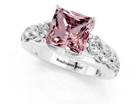 White gold Princess Cut Morganite Engagement Ring with Pavé Band and Four-Prong Setting_1