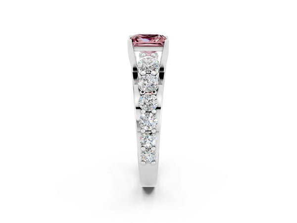 Silver Princess Cut Morganite Engagement Ring with Pavé Band and Four-Prong Setting