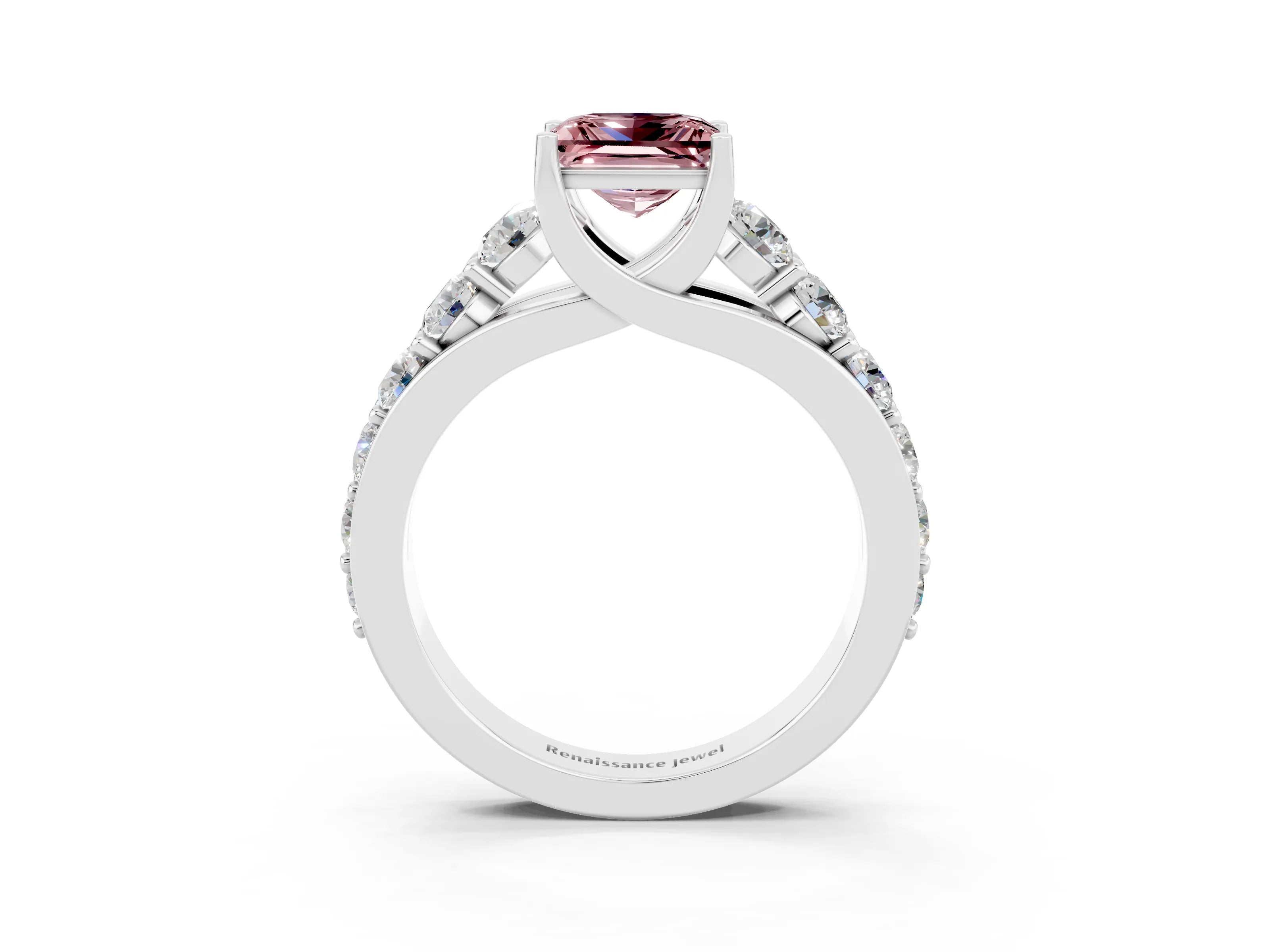 White gold Princess Cut Morganite Engagement Ring with Pavé Band and Four-Prong Setting_3