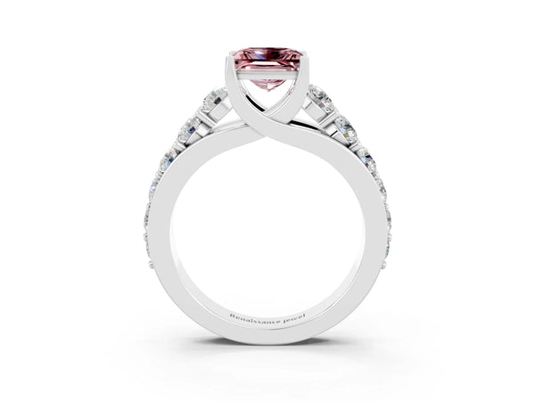 Platinum Princess Cut Morganite Engagement Ring with Pavé Band and Four-Prong Setting