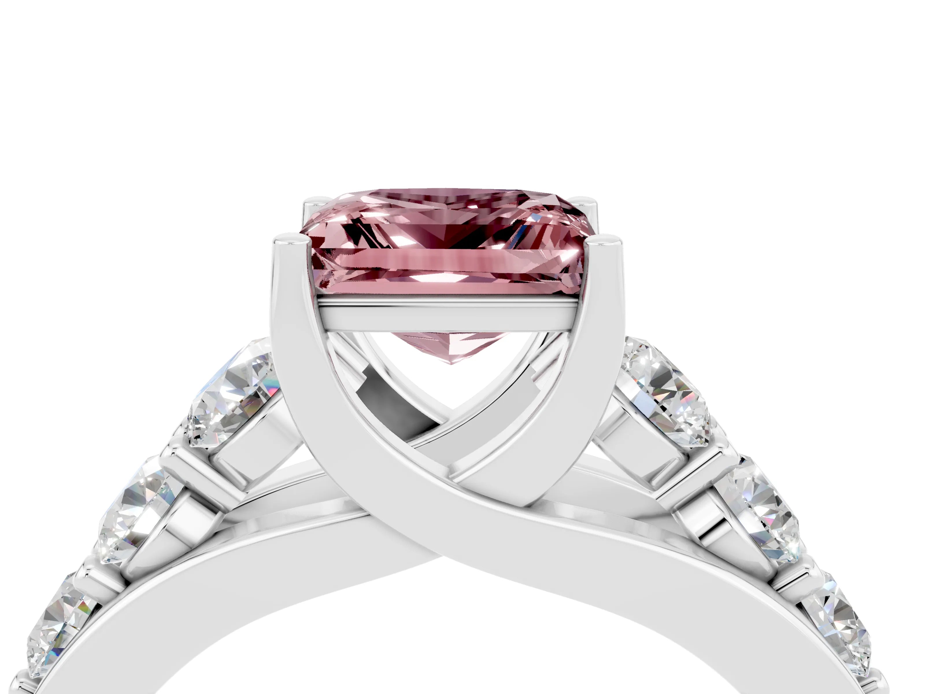 White gold Princess Cut Morganite Engagement Ring with Pavé Band and Four-Prong Setting_4