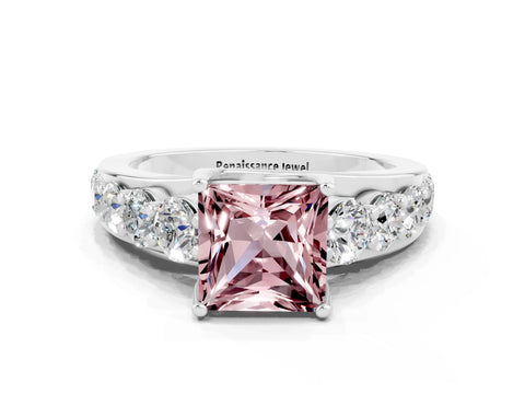 White gold Princess Cut Morganite Engagement Ring with Pavé Band and Four-Prong Setting