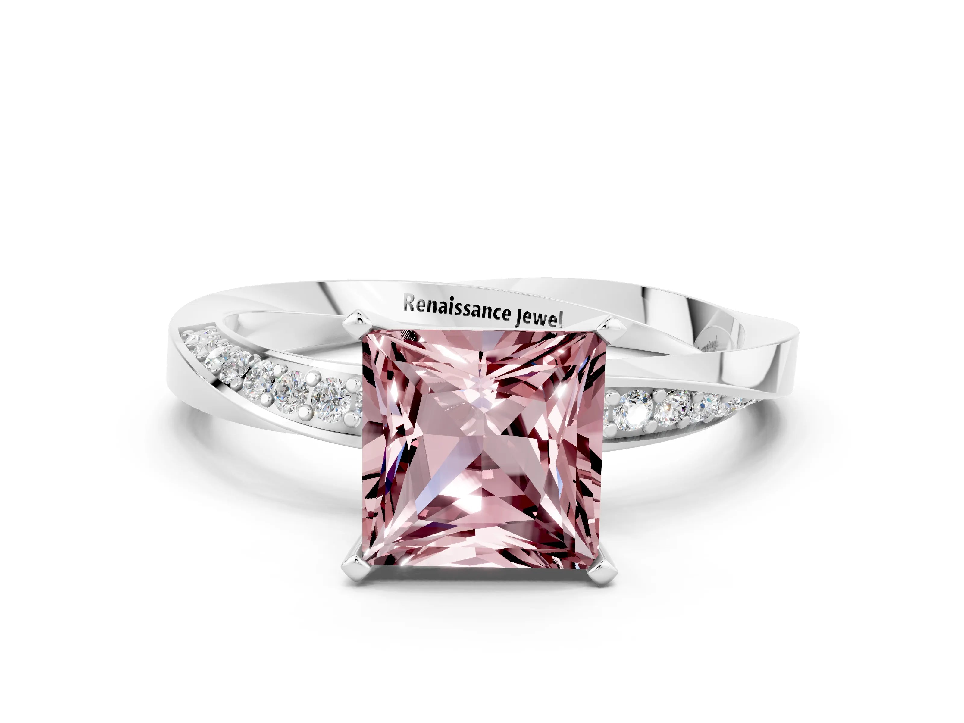 White gold Princess Cut Morganite Engagement Ring with Side Stone Accents and Four-Prong Setting_39