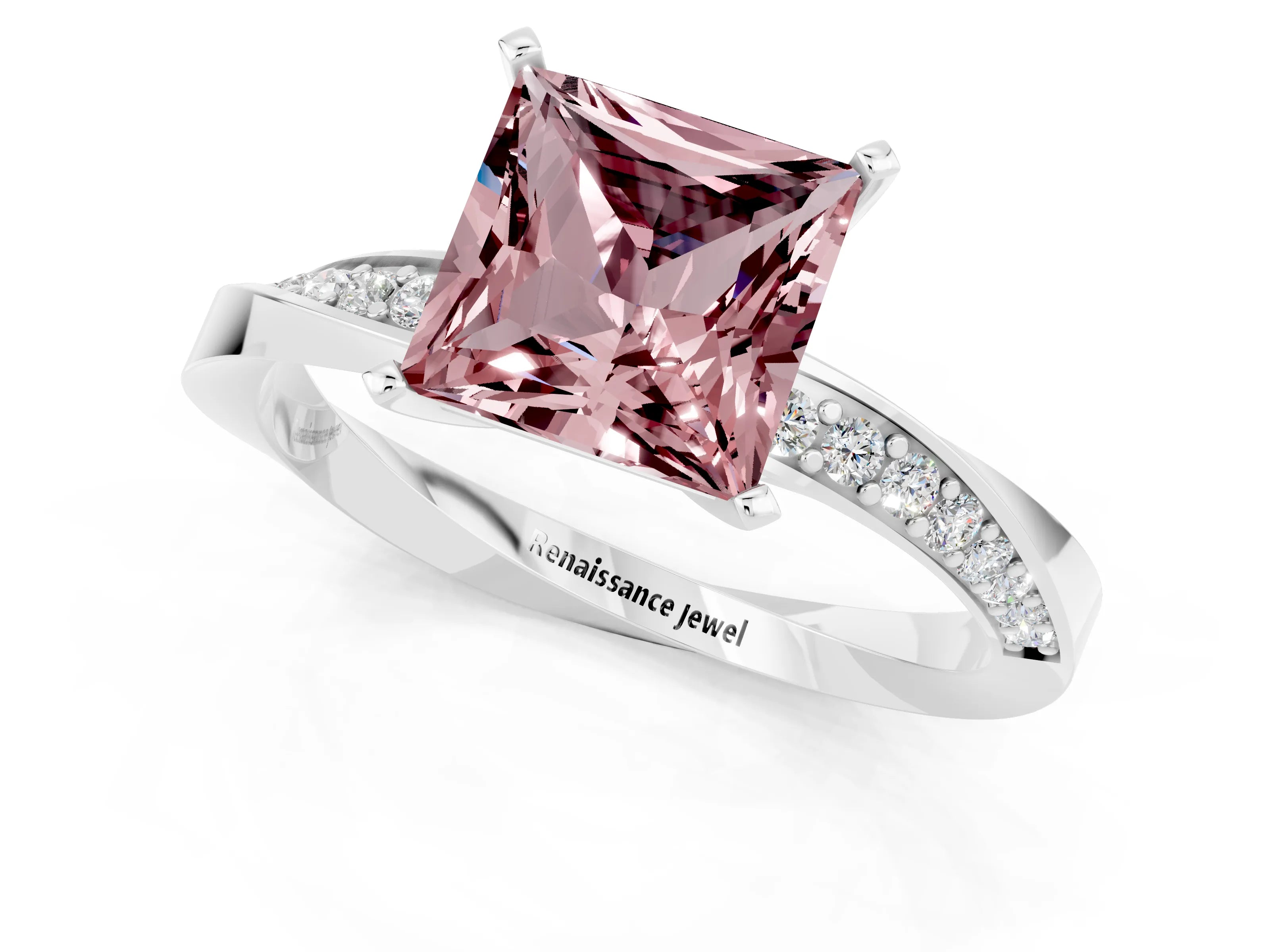 White gold Princess Cut Morganite Engagement Ring with Side Stone Accents and Four-Prong Setting_40