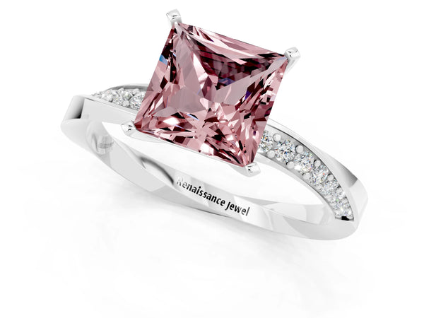 Platinum Princess Cut Morganite Engagement Ring with Side Stone Accents and Four-Prong Setting