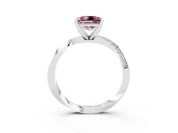 White gold Princess Cut Morganite Engagement Ring with Side Stone Accents and Four-Prong Setting