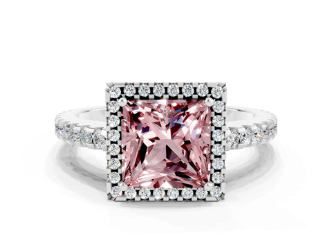 White gold Princess Cut Morganite Halo Engagement Ring with Pavé Band and Prong Setting_12