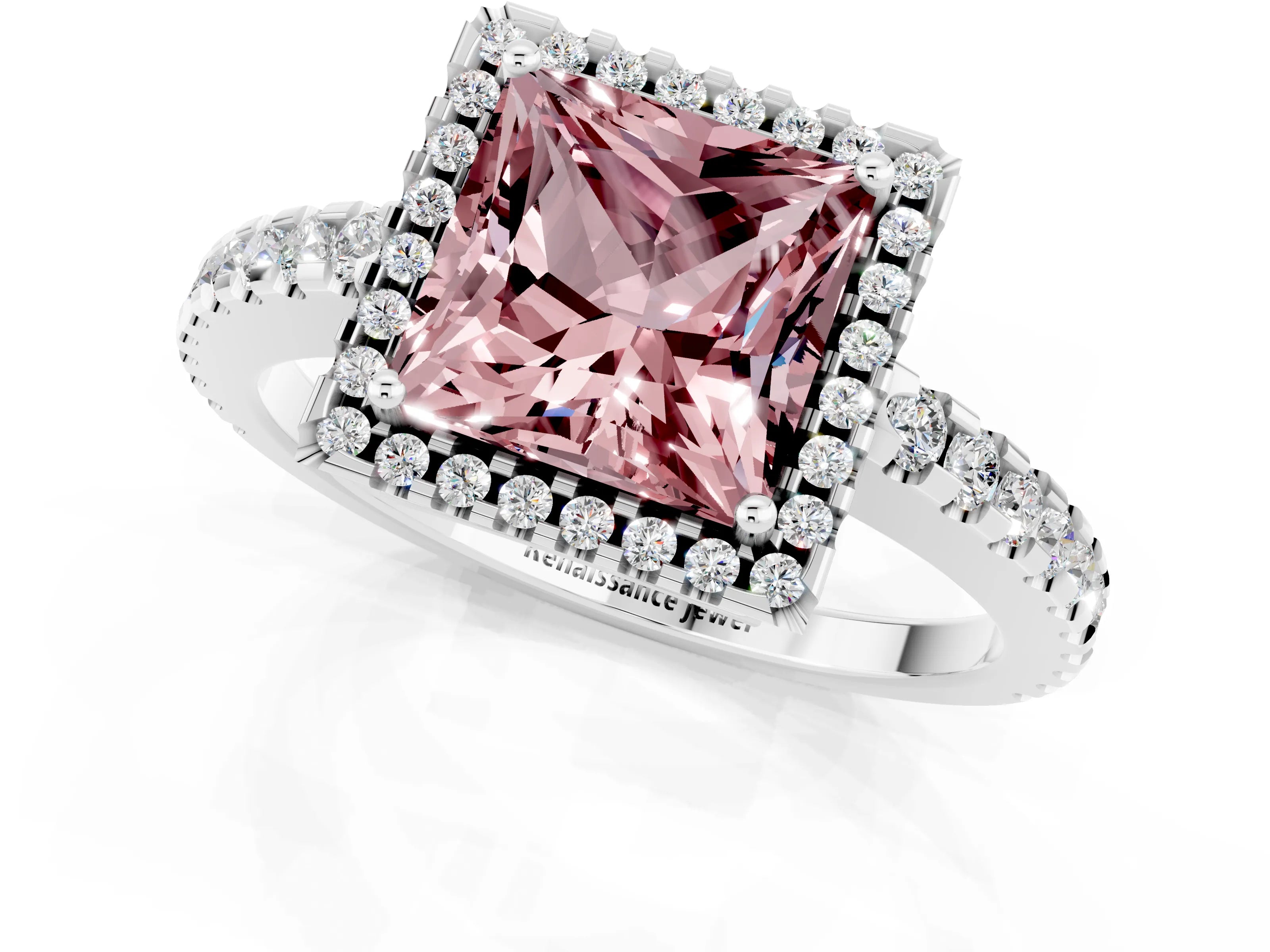 White gold Princess Cut Morganite Halo Engagement Ring with Pavé Band and Prong Setting_13