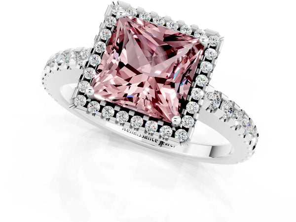 Silver Princess Cut Morganite Halo Engagement Ring with Pavé Band and Prong Setting