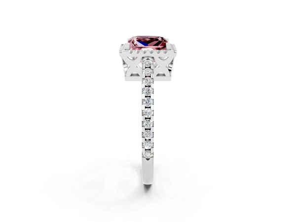 Platinum Princess Cut Morganite Halo Engagement Ring with Pavé Band and Prong Setting