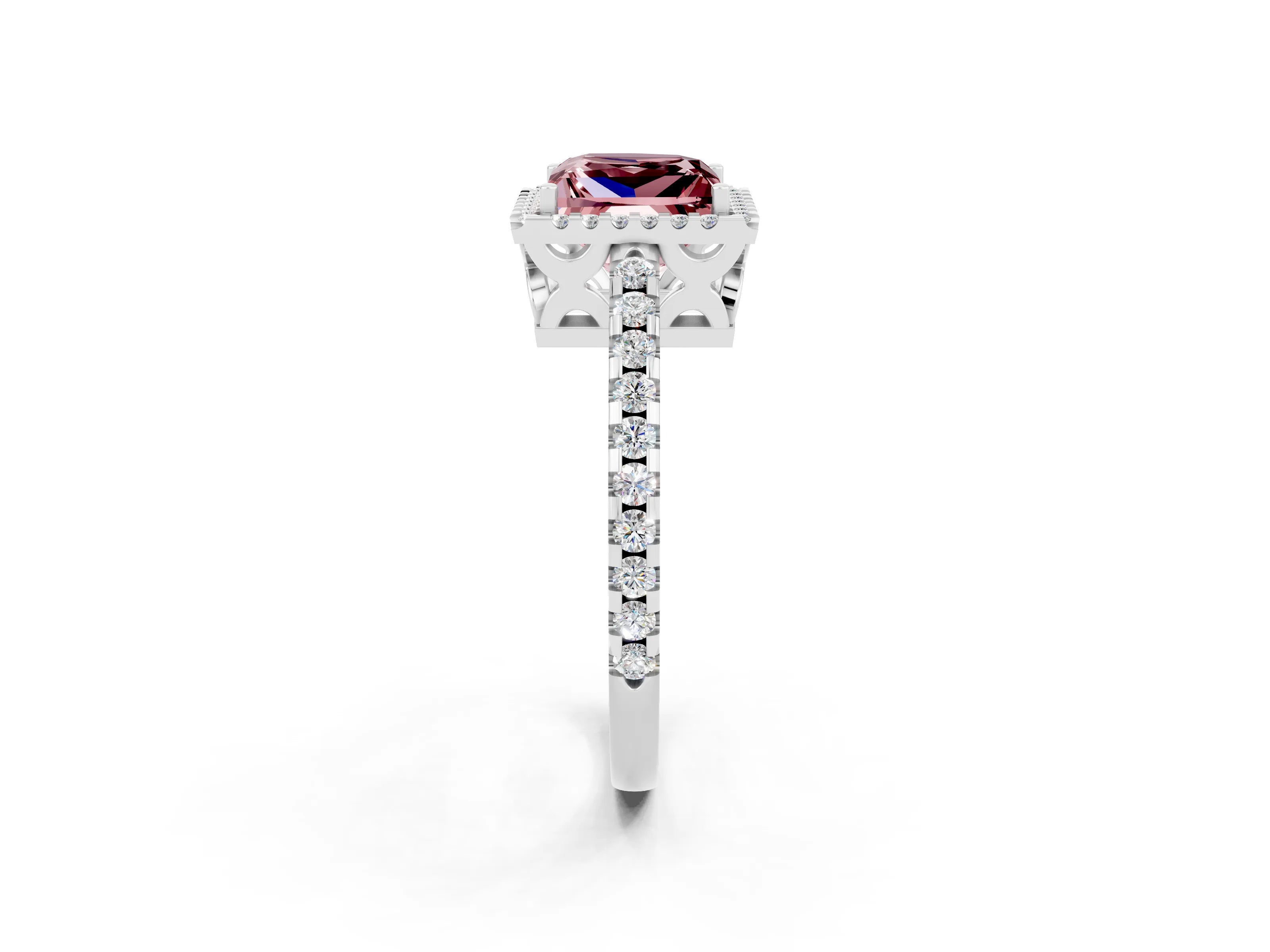 White gold Princess Cut Morganite Halo Engagement Ring with Pavé Band and Prong Setting_14