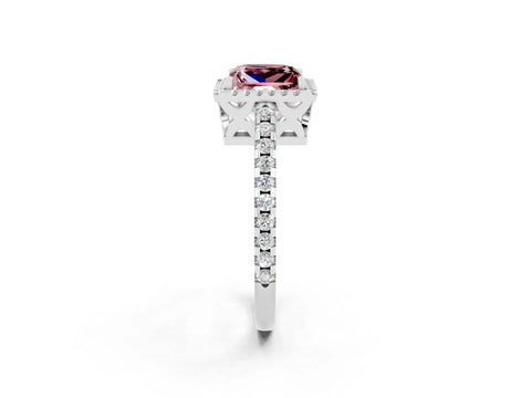 White gold Princess Cut Morganite Halo Engagement Ring with Pavé Band and Prong Setting_14