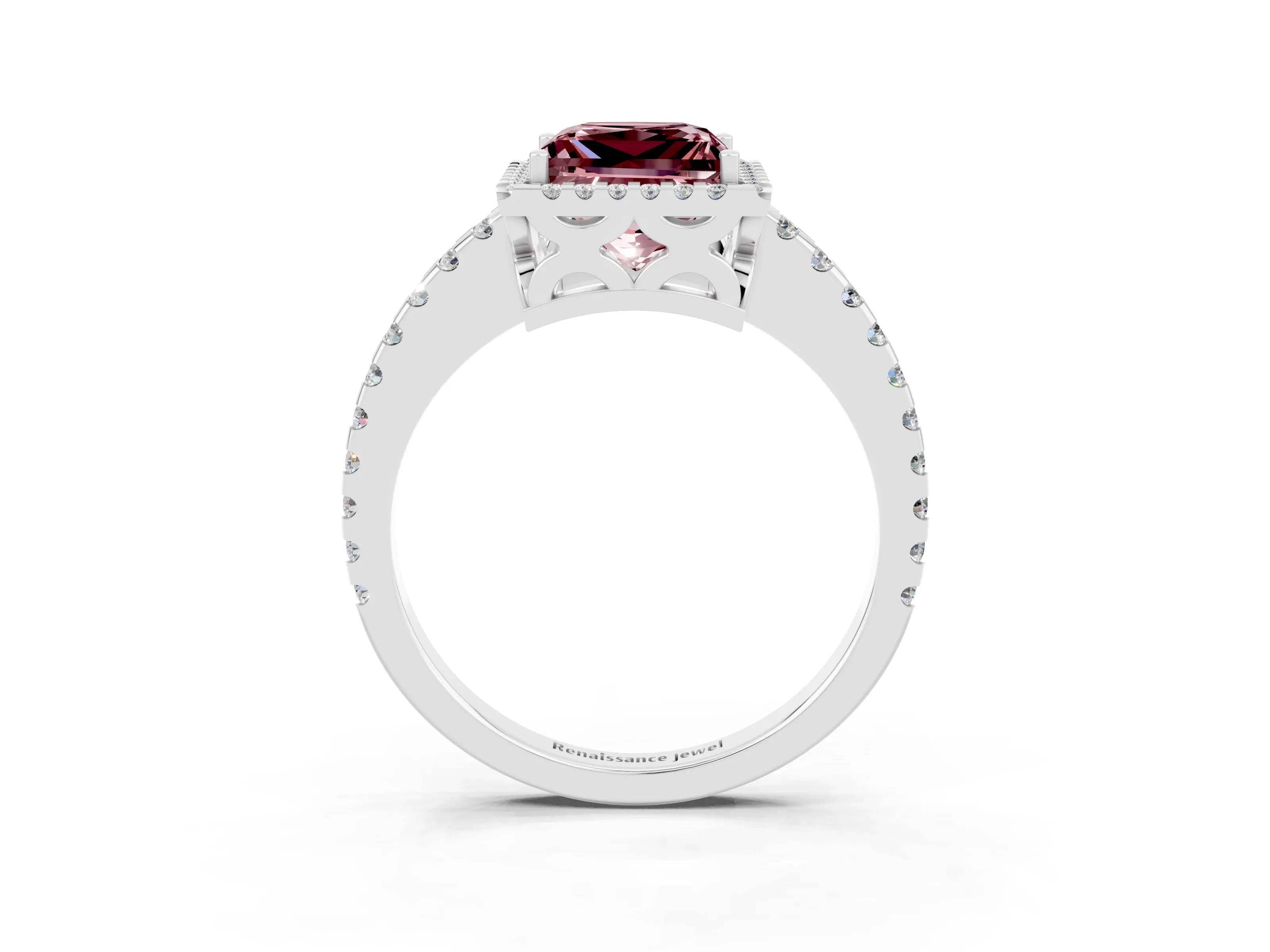 White gold Princess Cut Morganite Halo Engagement Ring with Pavé Band and Prong Setting_15