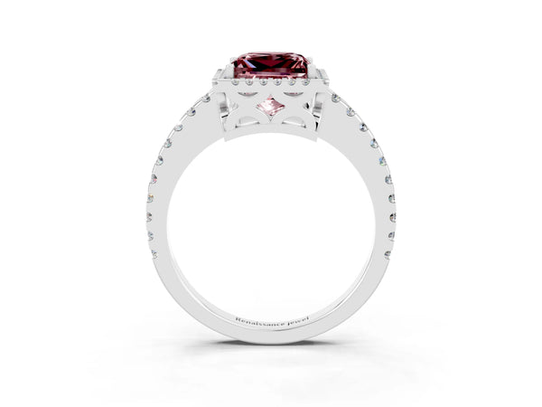 Platinum Princess Cut Morganite Halo Engagement Ring with Pavé Band and Prong Setting
