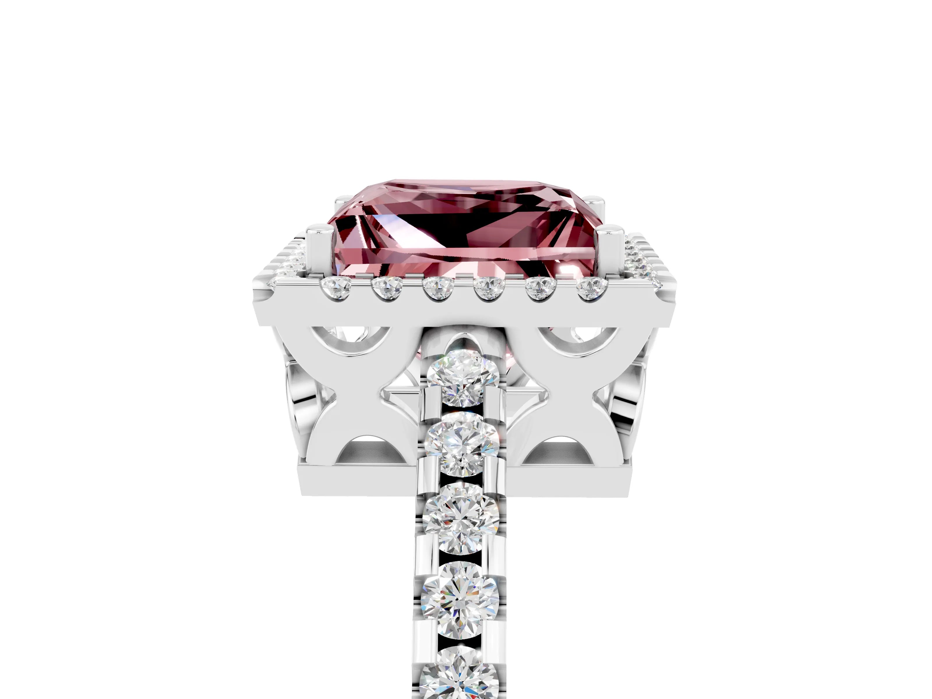 White gold Princess Cut Morganite Halo Engagement Ring with Pavé Band and Prong Setting_17
