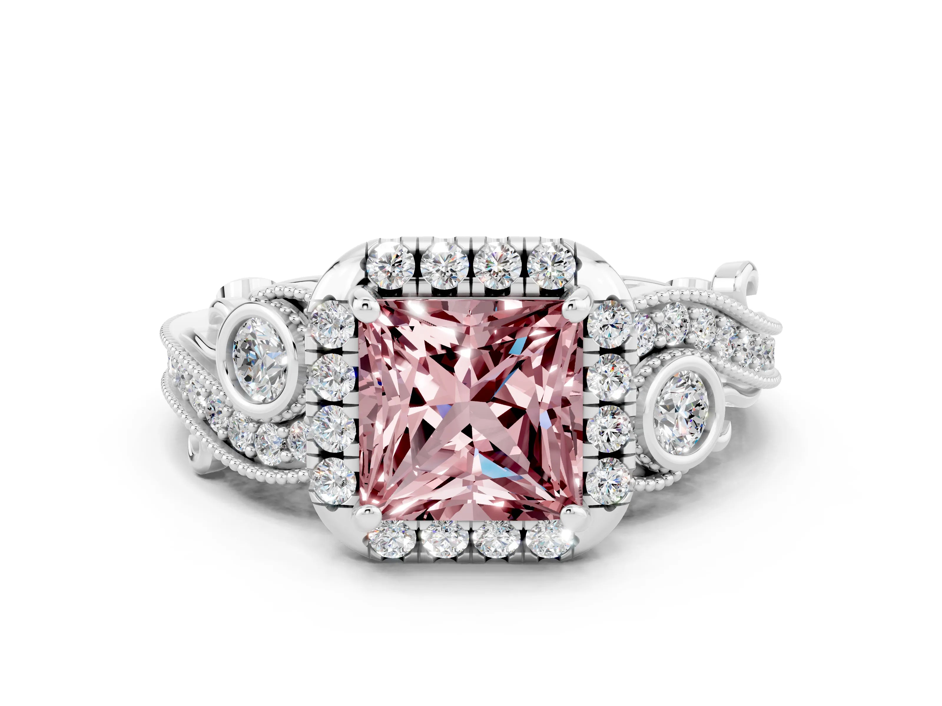 White gold Princess Cut Morganite Halo Ring with Milgrain Pavé Band and Four-Prong Setting_12