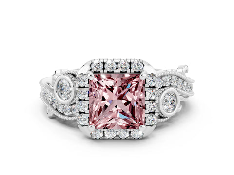 White gold Princess Cut Morganite Halo Ring with Milgrain Pavé Band and Four-Prong Setting_12