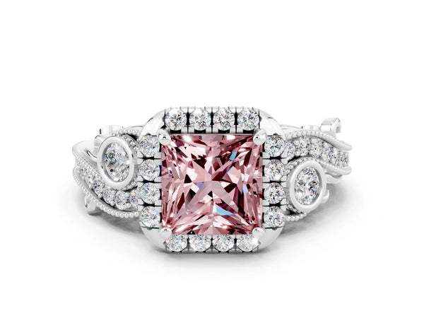 Silver Princess Cut Morganite Halo Ring with Milgrain Pavé Band and Four-Prong Setting