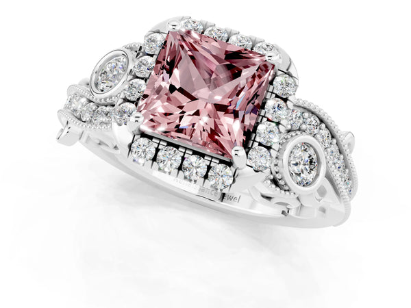 Silver Princess Cut Morganite Halo Ring with Milgrain Pavé Band and Four-Prong Setting