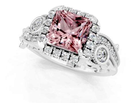 White gold Princess Cut Morganite Halo Ring with Milgrain Pavé Band and Four-Prong Setting_13