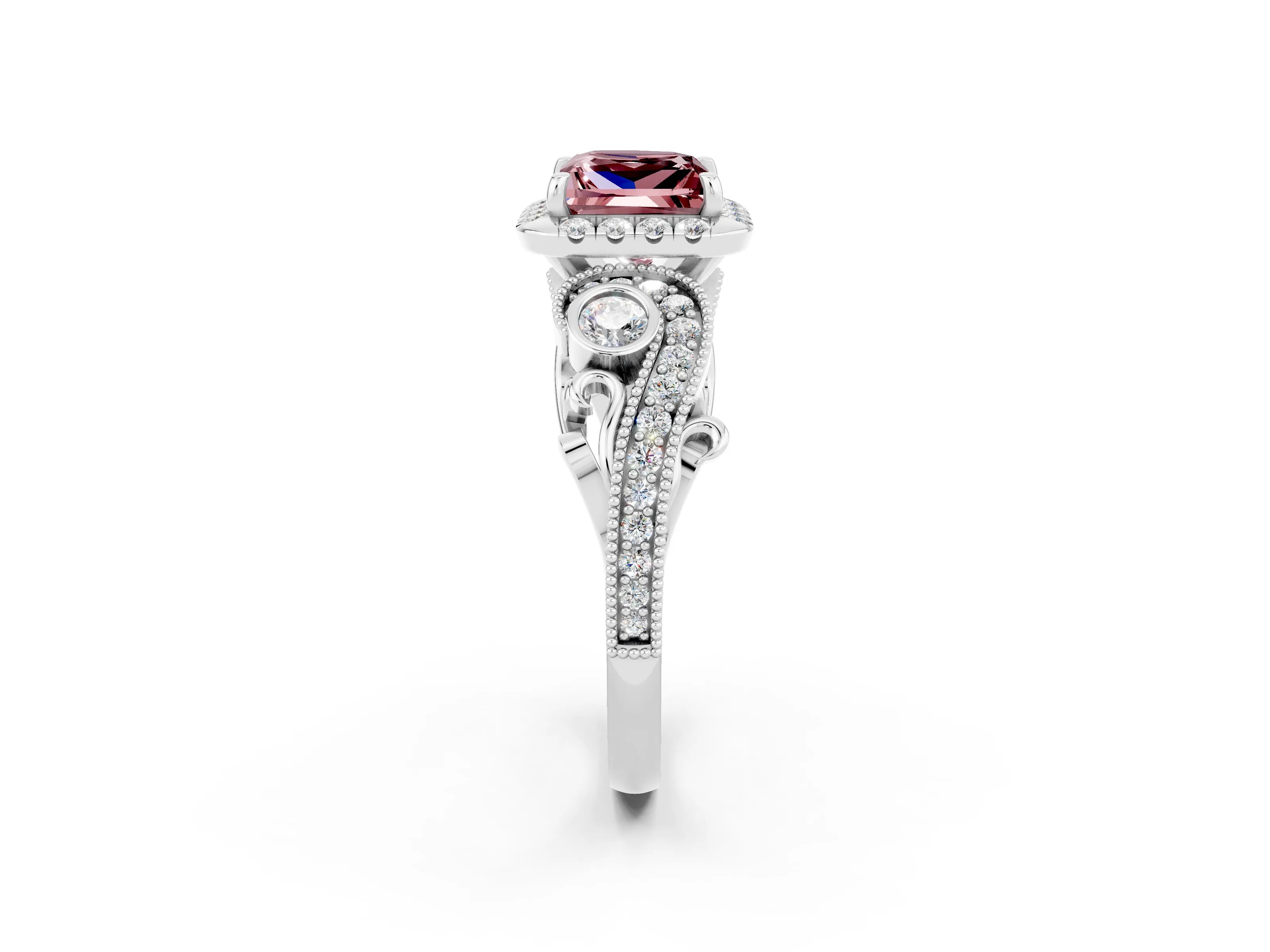 White gold Princess Cut Morganite Halo Ring with Milgrain Pavé Band and Four-Prong Setting_14