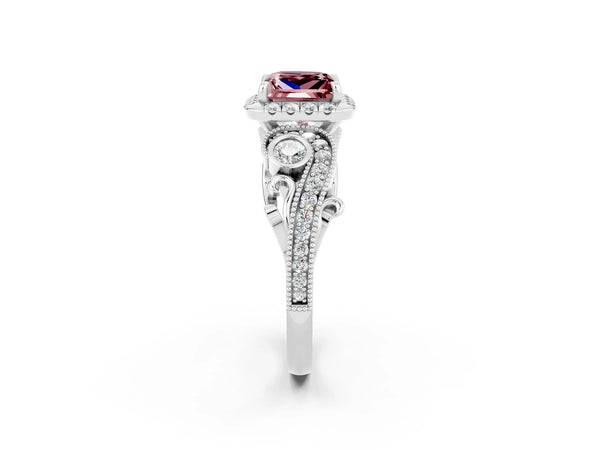 Silver Princess Cut Morganite Halo Ring with Milgrain Pavé Band and Four-Prong Setting
