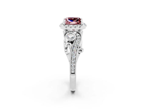 White gold Princess Cut Morganite Halo Ring with Milgrain Pavé Band and Four-Prong Setting_14