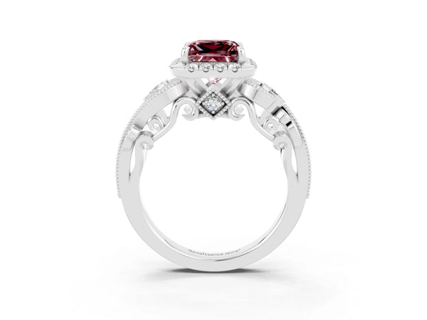 Silver Princess Cut Morganite Halo Ring with Milgrain Pavé Band and Four-Prong Setting