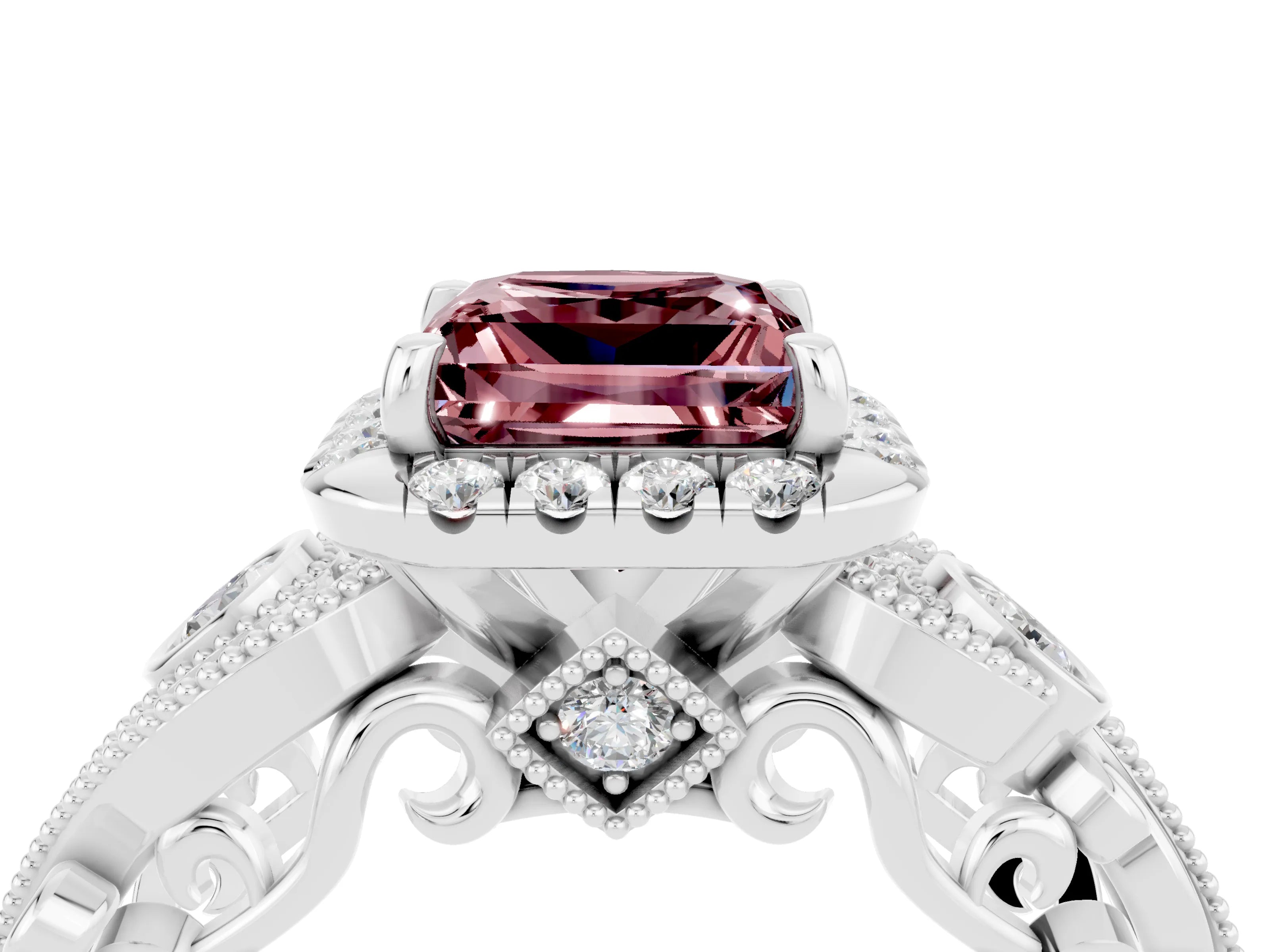 White gold Princess Cut Morganite Halo Ring with Milgrain Pavé Band and Four-Prong Setting_16