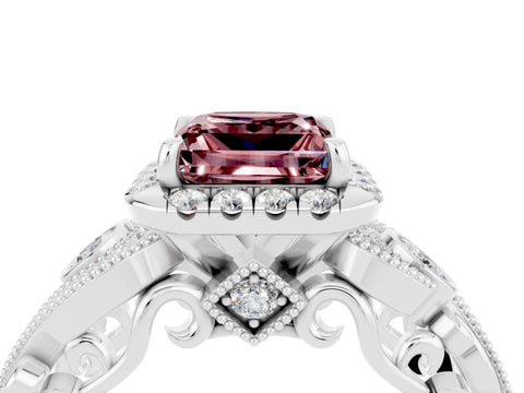White gold Princess Cut Morganite Halo Ring with Milgrain Pavé Band and Four-Prong Setting_16
