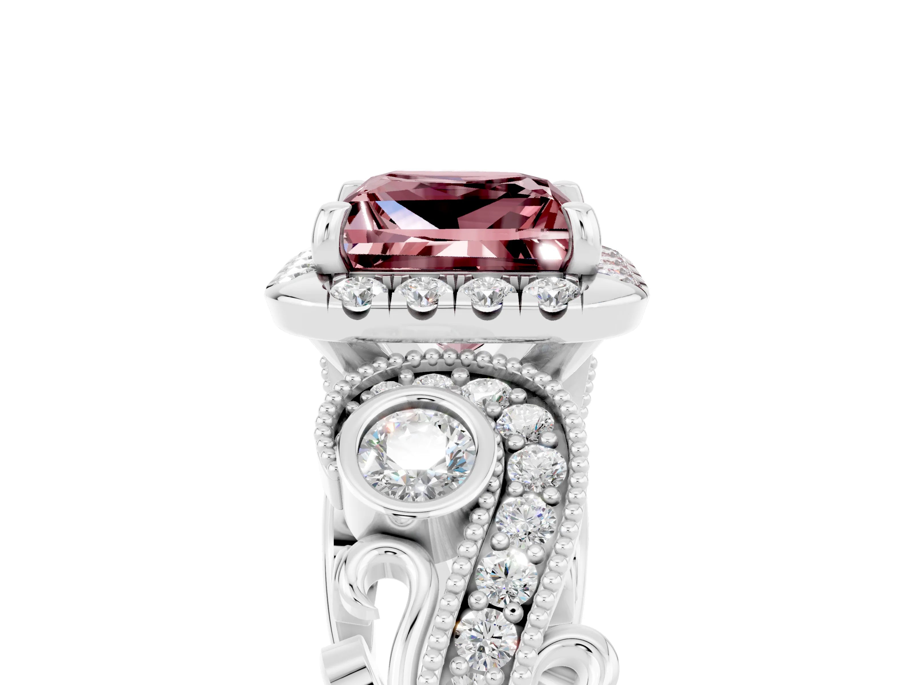 White gold Princess Cut Morganite Halo Ring with Milgrain Pavé Band and Four-Prong Setting_17