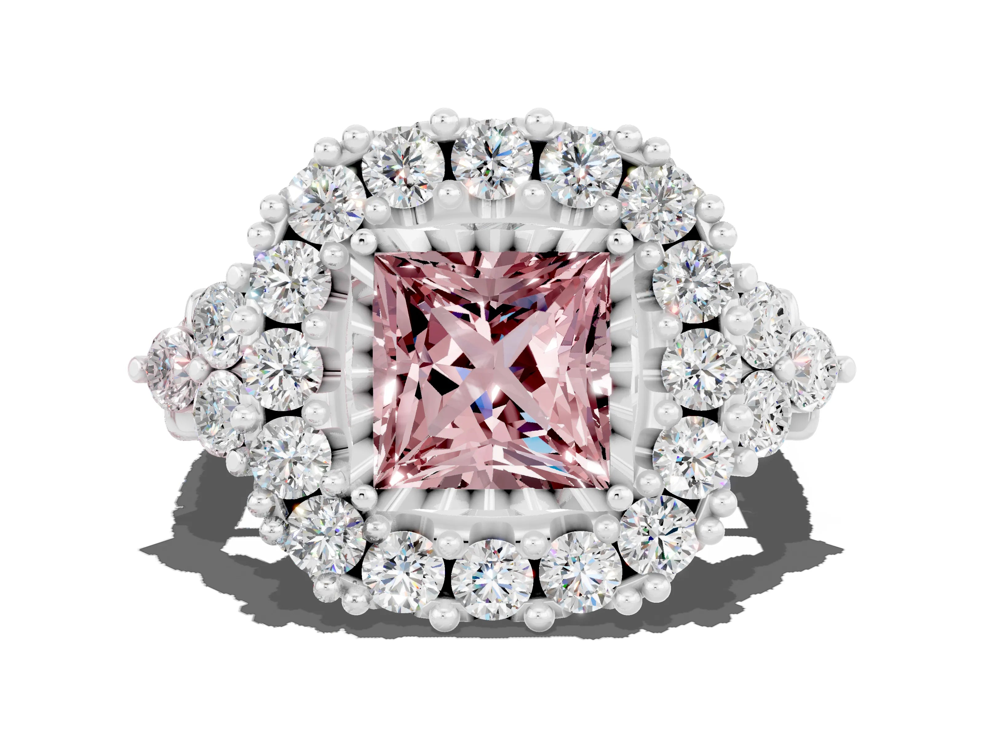 White gold Princess Cut Morganite Halo Ring with Pavé Band and Four-Prong Setting_12