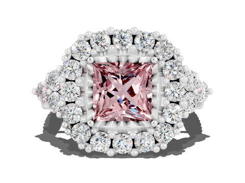 White gold Princess Cut Morganite Halo Ring with Pavé Band and Four-Prong Setting_12