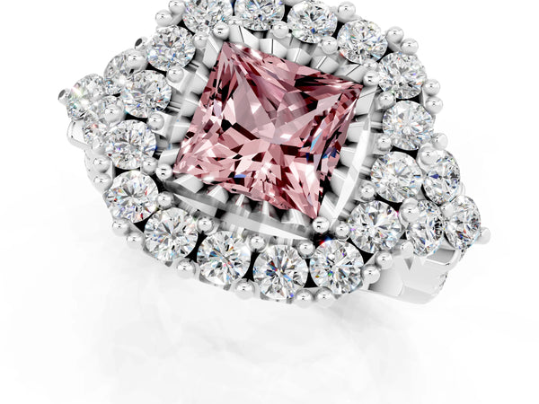 Platinum Princess Cut Morganite Halo Ring with Pavé Band and Four-Prong Setting