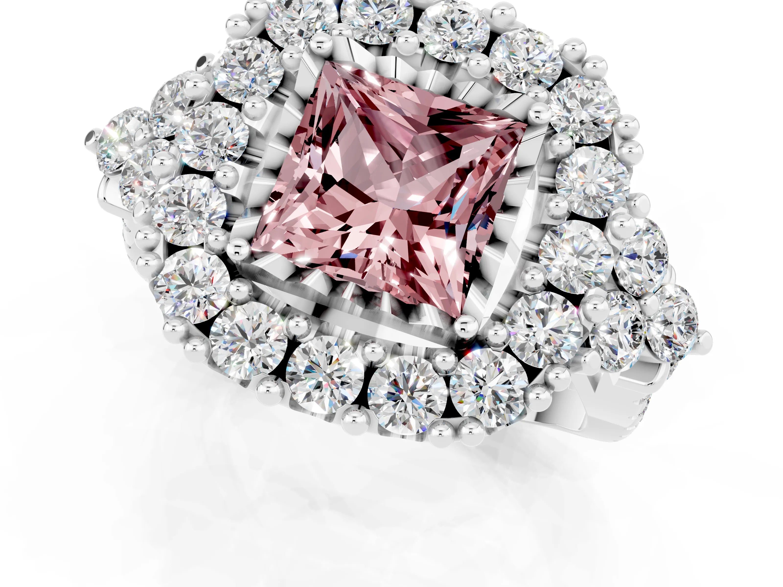 White gold Princess Cut Morganite Halo Ring with Pavé Band and Four-Prong Setting_13