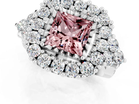 White gold Princess Cut Morganite Halo Ring with Pavé Band and Four-Prong Setting_13