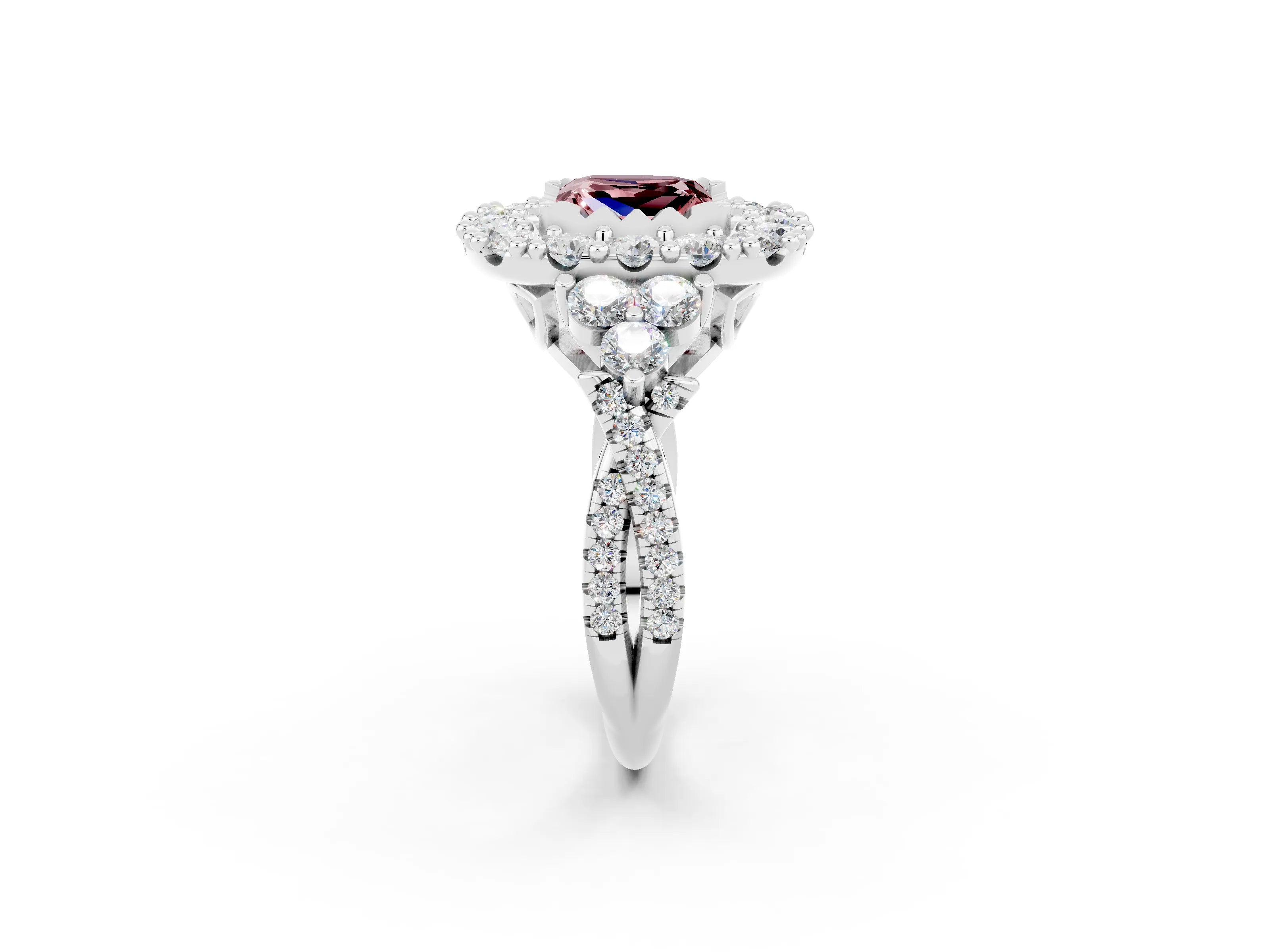 White gold Princess Cut Morganite Halo Ring with Pavé Band and Four-Prong Setting_14