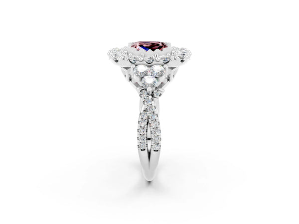 Silver Princess Cut Morganite Halo Ring with Pavé Band and Four-Prong Setting