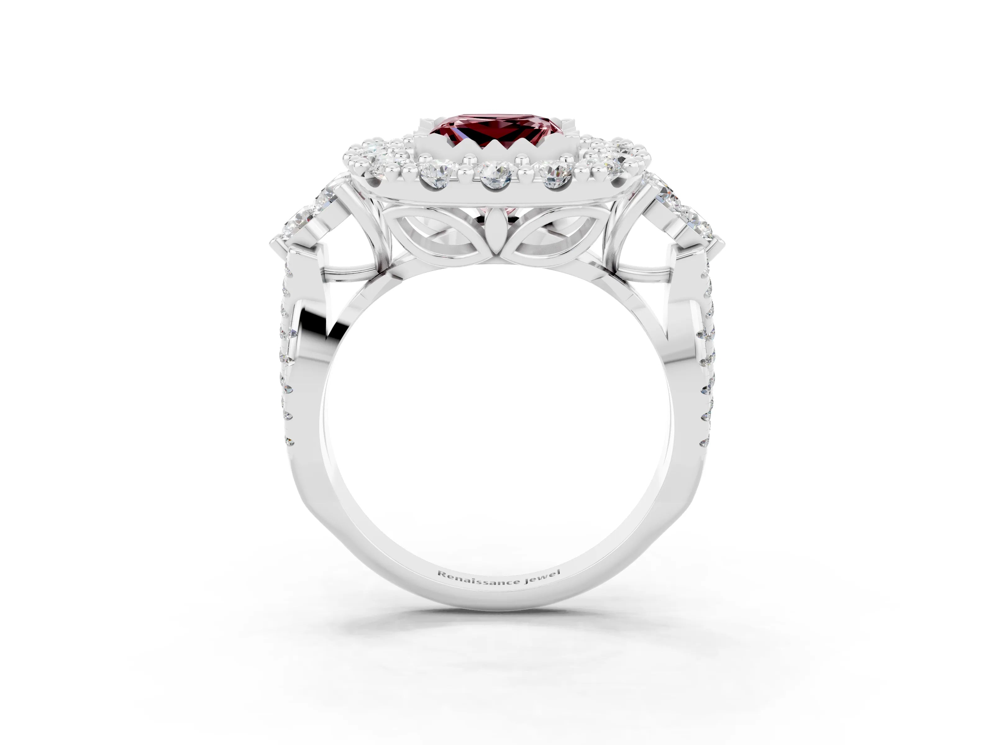White gold Princess Cut Morganite Halo Ring with Pavé Band and Four-Prong Setting_15