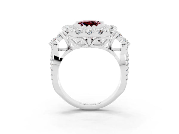 Silver Princess Cut Morganite Halo Ring with Pavé Band and Four-Prong Setting