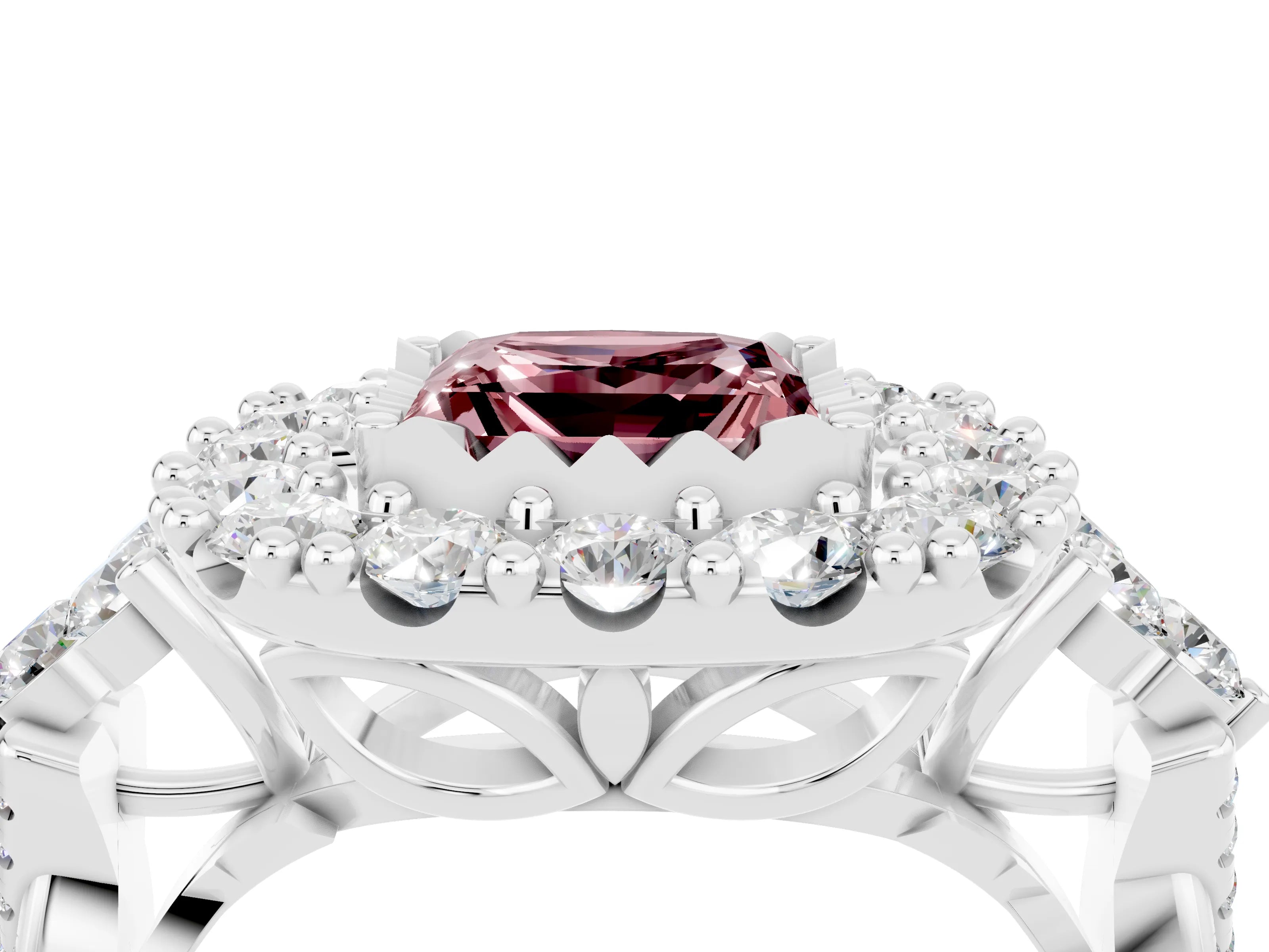 White gold Princess Cut Morganite Halo Ring with Pavé Band and Four-Prong Setting_16