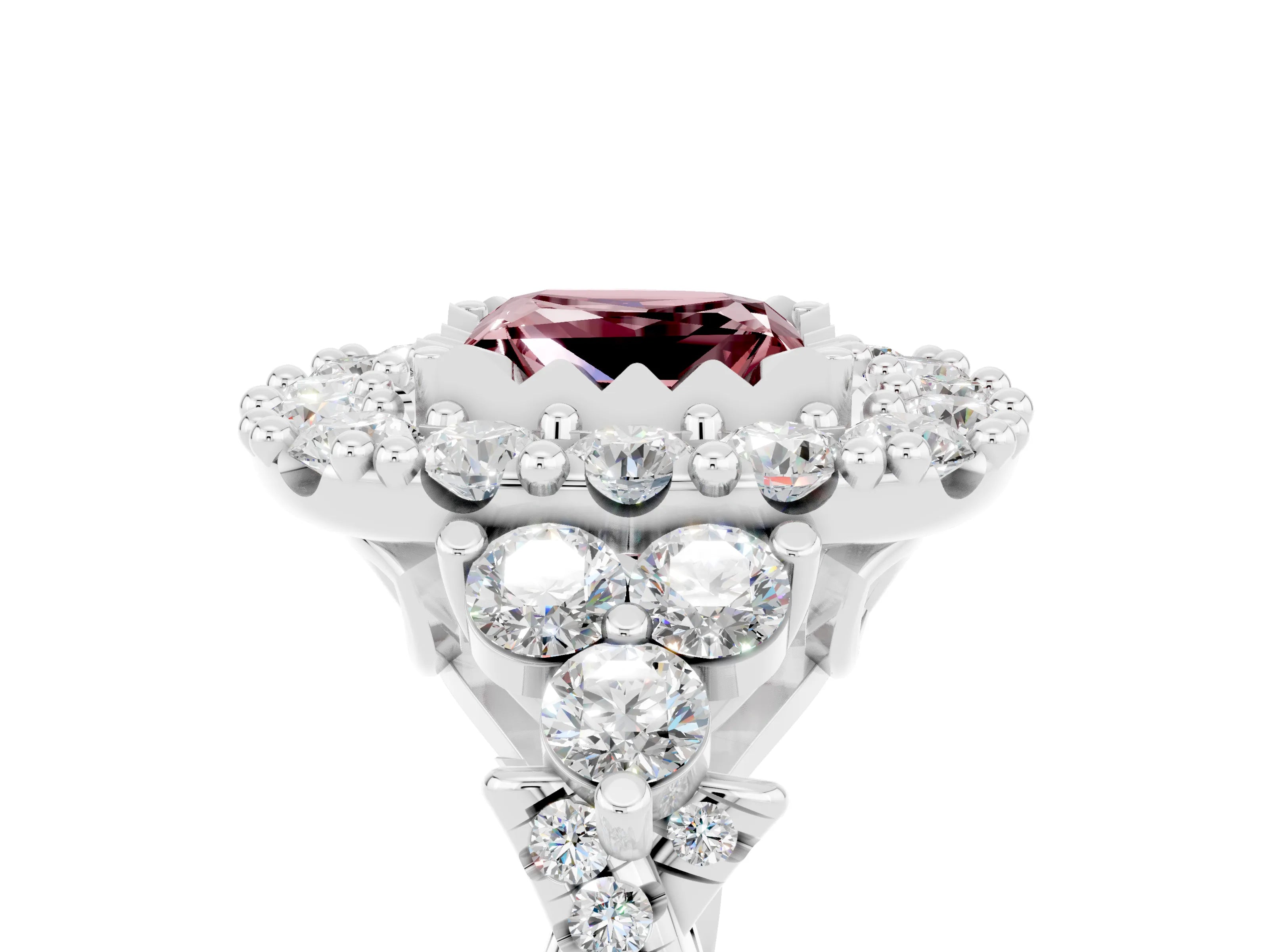 White gold Princess Cut Morganite Halo Ring with Pavé Band and Four-Prong Setting_17