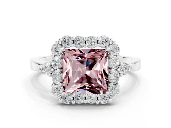 White gold Princess Cut Morganite Halo Ring with Pear Side Stones and Prong Setting