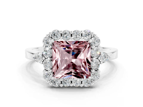 White gold Princess Cut Morganite Halo Ring with Pear Side Stones and Prong Setting_24