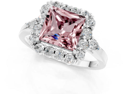 White gold Princess Cut Morganite Halo Ring with Pear Side Stones and Prong Setting_25