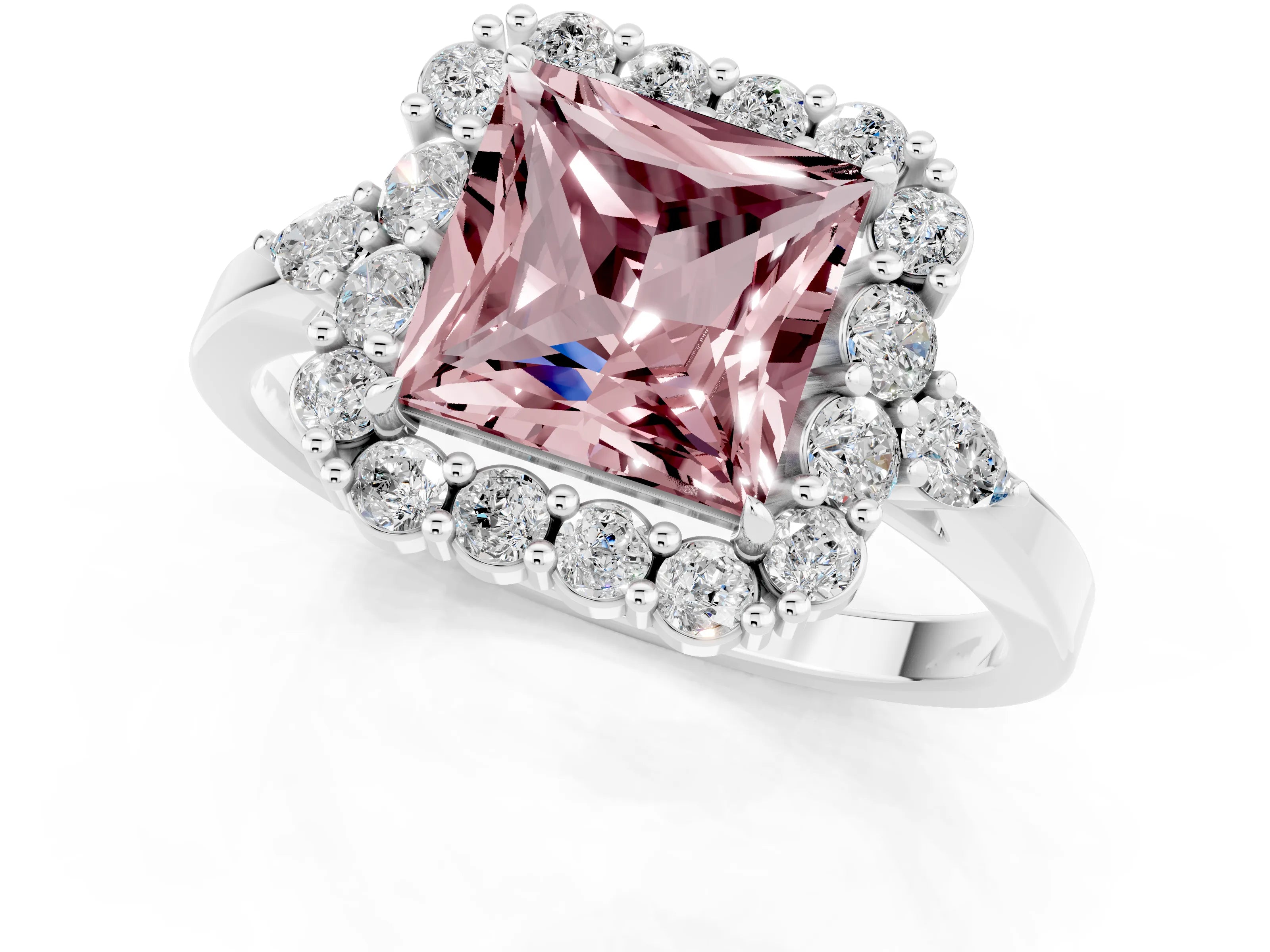 White gold Princess Cut Morganite Halo Ring with Pear Side Stones and Prong Setting_25