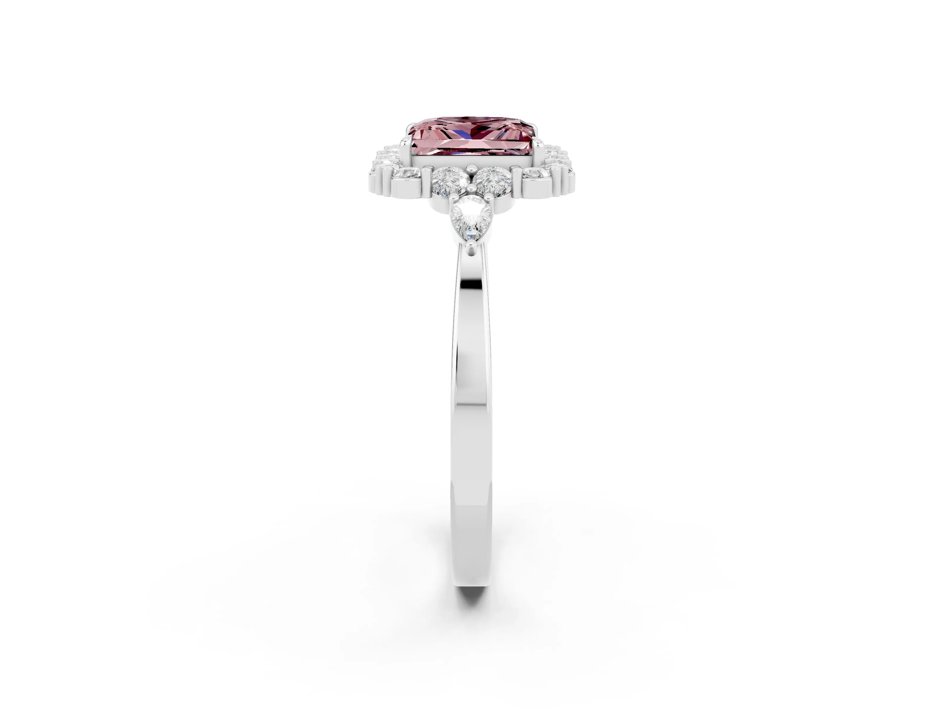 White gold Princess Cut Morganite Halo Ring with Pear Side Stones and Prong Setting_26